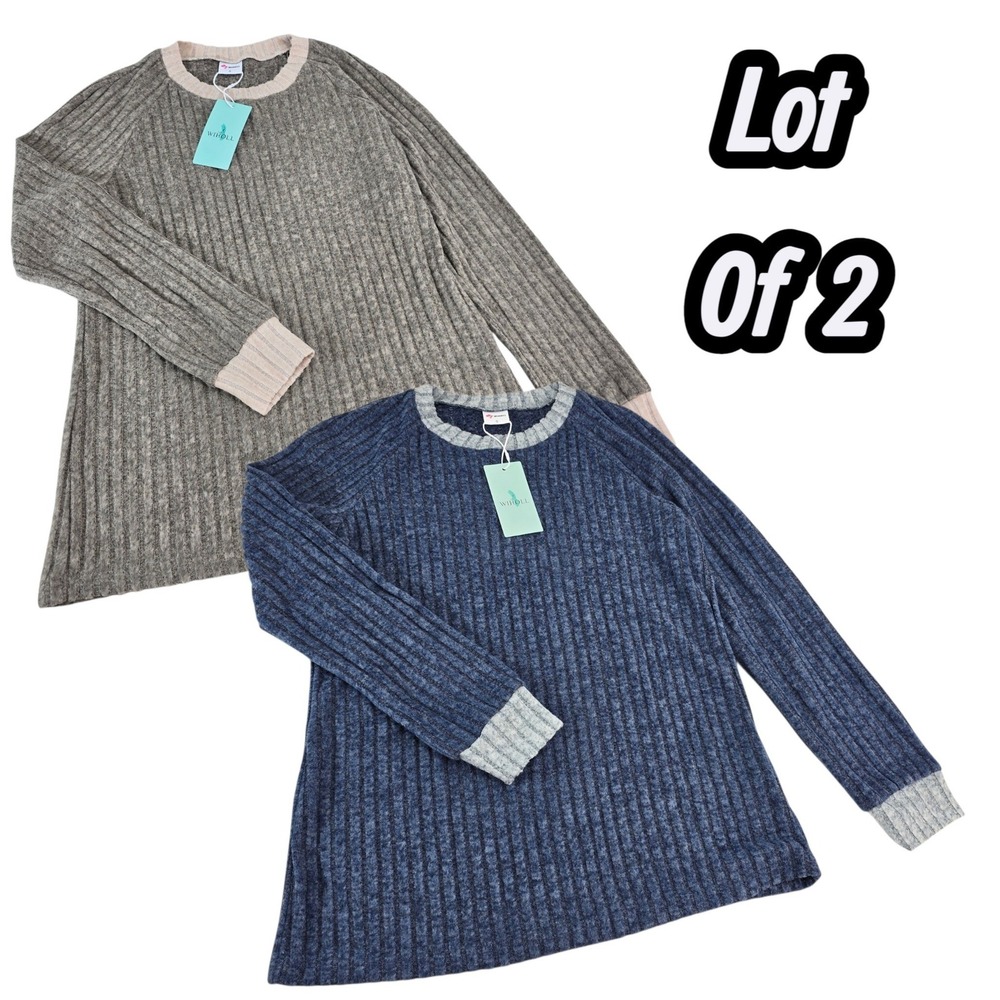 Wiholl Ribbed‎ Sweater Lot 2 Women S Blue Brown Poly Blend Raglan Crew Neck Top